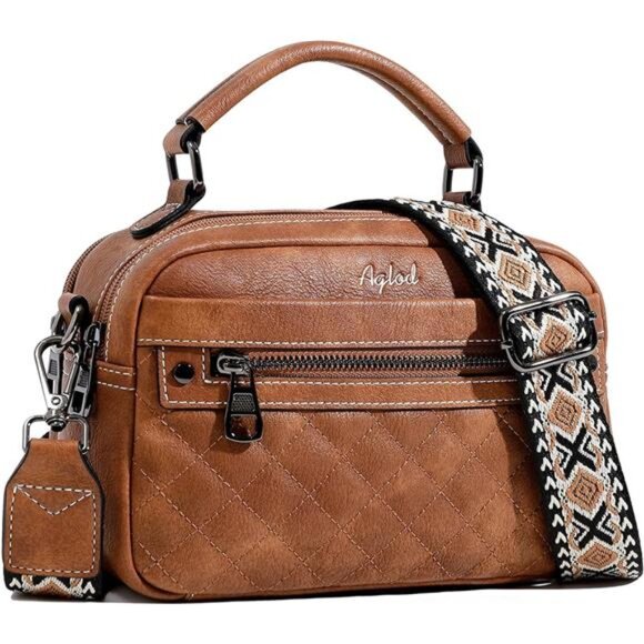 Crossbody Bags Vegan Leather with Wide Strap Brown - Picture 1 of 7